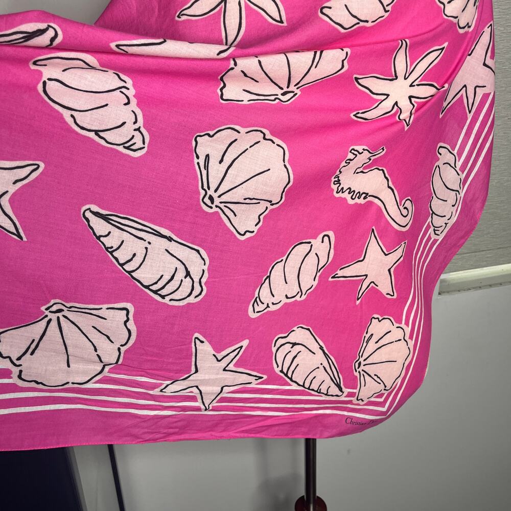 1970s VTG Christian Dior Scarf Pink Seashell Cotton Square 30" Starfish Seahorse - Picture 3 of 9